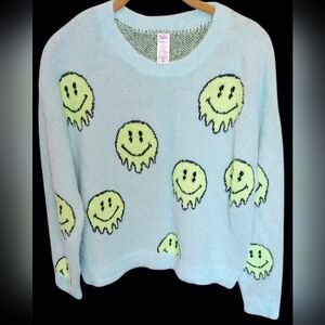 Justice Pastel Blue Sweater with Neon Green Smiley Faces - L 12/14